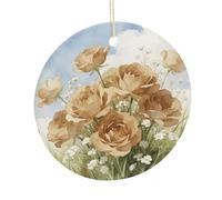 LZQPOEAS Khaki Flowers Round Ceramic Pendant Hanging Festival Ornament, Personalized Double Sided Ceramic Home Decor, Lightweight Durable Hanging Ornament Gift for Home, Party, Women Men