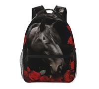 LZQPOEAS Laptop Backpack for Women Men Travel Backpacks Lightweight Casual Daypack Black horse on a background of red roses Computer Bag