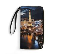 LZQPOEAS Las Vegas Night View Clutch Wallet, Small Exquisite PU Leather Long Purse Gift for Friends, Zipper Coin Pocket with Patterns, Wristlet Bag for Daily Use
