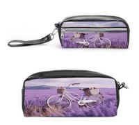 LZQPOEAS Lavender Field Bike Pen Case Cosmetic Makeup Bag PU Leather Cosmetic Pencil Bags Small Soft Makeup Pouch with Zipper Waterproof Makeup Brush Holder for Women Men Office
