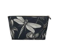 LZQPOEAS Leather Makeup Bag Travel Toiletry Bag Black flowers and dragonfly Cosmetic Bag Zipper Large Pencil Bag for Women Men, Gold, One Size