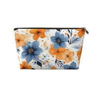 LZQPOEAS Leather Makeup Bag Travel Toiletry Bag Blue and orange flowers on white background Cosmetic Bag Zipper Large Pencil Bag for Women Men, Gold, One size