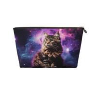 LZQPOEAS Leather Makeup Bag Travel Toiletry Bag Cat sitting inside nebula Cosmetic Bag Zipper Large Pencil Bag for Women Men, Gold, One Size