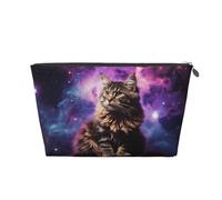 LZQPOEAS Leather Makeup Bag Travel Toiletry Bag Cat sitting inside nebula Cosmetic Bag Zipper Large Pencil Bag for Women Men, Silver, One Size