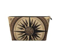 LZQPOEAS Leather Makeup Bag Travel Toiletry Bag Compass Wind Road Map Cosmetic Bag Zipper Large Pencil Bag for Women Men, Gold, One Size