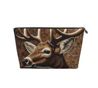 LZQPOEAS Leather Makeup Bag Travel Toiletry Bag Deer on brown background Cosmetic Bag Zipper Large Pencil Bag for Women Men, Gold, One Size