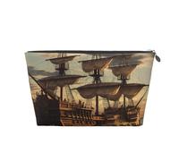 LZQPOEAS Leather Makeup Bag Travel Toiletry Bag Fantasy pirate ship Cosmetic Bag Zipper Large Pencil Bag for Women Men, Silver, One size