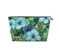 LZQPOEAS Leather Makeup Bag Travel Toiletry Bag Green and blue hibiscus flowers Cosmetic Bag Zipper Large Pencil Bag for Women Men, Gold, One size