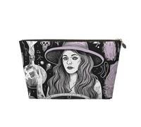 LZQPOEAS Leather Makeup Bag Travel Toiletry Bag Magic Witch Witchcraft Bohemian Drawing Cosmetic Bag Zipper Large Pencil Bag for Women Men, Gold, One Size