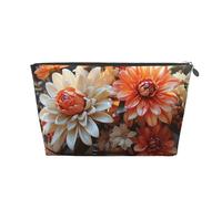 LZQPOEAS Leather Makeup Bag Travel Toiletry Bag Orange Flowers Cosmetic Bag Zipper Large Pencil Bag for Women Men, Silver, One Size