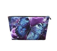 LZQPOEAS Leather Makeup Bag Travel Toiletry Bag Purple rose with beautiful butterfly Cosmetic Bag Zipper Large Pencil Bag for Women Men, Silver, One Size