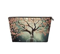 LZQPOEAS Leather Makeup Bag Travel Toiletry Bag Tree with Birdcage Cosmetic Bag Zipper Large Pencil Bag for Women Men, Gold, One Size