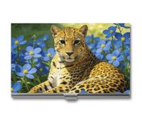 LZQPOEAS Leopard Blue Flowers Business Card Holder, Personalized Metal Name Card Case, Portable Pocket Card Organizer with Buckle Closure, Professional Business Card Container for Office