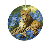LZQPOEAS Leopard Blue Flowers Round Ceramic Pendant Hanging Festival Ornament, Personalized Double Sided Ceramic Home Decor, Lightweight Durable Hanging Ornament Gift for Home, Party, Women Men
