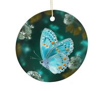 LZQPOEAS Light Blue Butterfly Round Ceramic Pendant Hanging Festival Ornament, Personalized Double Sided Ceramic Home Decor, Lightweight Durable Hanging Ornament Gift for Home, Party, Women Men