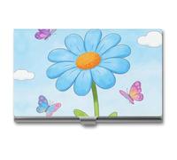 LZQPOEAS Light Blue Daisy Business Card Holder, Personalized Metal Name Card Case, Portable Pocket Card Organizer with Buckle Closure, Professional Business Card Container for Office