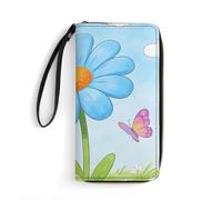 LZQPOEAS Light Blue Daisy Clutch Wallet, Small Exquisite PU Leather Long Purse Gift for Friends, Zipper Coin Pocket with Patterns, Wristlet Bag for Daily Use