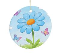 LZQPOEAS Light Blue Daisy Round Ceramic Pendant Hanging Festival Ornament, Personalized Double Sided Ceramic Home Decor, Lightweight Durable Hanging Ornament Gift for Home, Party, Women Men