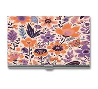 LZQPOEAS Light Orange Flowers Business Card Holder Professional Name Cards Holders Metal Slim Portable Cards Case Aluminum Alloy Business Card Organizer for Women Men