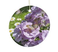 LZQPOEAS Light Purple Flowers Round Ceramic Pendant Hanging Festival Ornament, Personalized Double Sided Ceramic Home Decor, Lightweight Durable Hanging Ornament Gift for Home, Party, Women Men