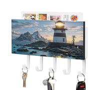 LZQPOEAS Lighthouse by The Sea Key Holder Wall Mount with Mail Organizer Fashion Adhesive Key Hanger with 5 Hooks No Drill PU Leather Key Organizer Rack for Entryway Kitchen Hallway Decor