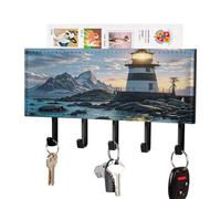 LZQPOEAS Lighthouse by The Sea Key Holder Wall Mount with Mail Organizer Fashion Adhesive Key Hanger with 5 Hooks No Drill PU Leather Key Organizer Rack for Entryway Kitchen Hallway Decor