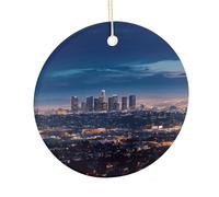 LZQPOEAS Los Angeles Skyline Round Ceramic Pendant Hanging Festival Ornament, Personalized Double Sided Ceramic Home Decor, Lightweight Durable Hanging Ornament Gift for Home, Party, Women Men