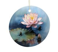 LZQPOEAS Lotus Flower Painting Round Ceramic Pendant Hanging Festival Ornament, Personalized Double Sided Ceramic Home Decor, Lightweight Durable Hanging Ornament Gift for Home, Party, Women Men