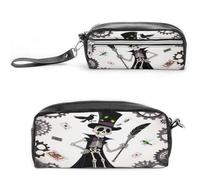 LZQPOEAS Magic Wand Skeleton Magician Pen Case Cosmetic Makeup Bag PU Leather Cosmetic Pencil Bags Small Soft Makeup Pouch with Zipper Waterproof Makeup Brush Holder for Women Men Office