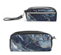LZQPOEAS Marble Navy Blue Mixed Pen Case Cosmetic Makeup Bag PU Leather Cosmetic Pencil Bags Small Soft Makeup Pouch with Zipper Waterproof Makeup Brush Holder for Women Men Office