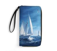 LZQPOEAS Nautical Blue Clutch Wallet, Small Exquisite PU Leather Long Purse Gift for Friends, Zipper Coin Pocket with Patterns, Wristlet Bag for Daily Use