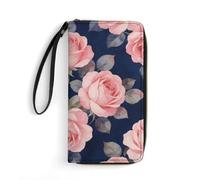 LZQPOEAS Navy Blue With Pink Clutch Wallet, Small Exquisite PU Leather Long Purse Gift for Friends, Zipper Coin Pocket with Patterns, Wristlet Bag for Daily Use