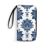 LZQPOEAS Navy Ethnic Floral Clutch Wallet, Small Exquisite PU Leather Long Purse Gift for Friends, Zipper Coin Pocket with Patterns, Wristlet Bag for Daily Use