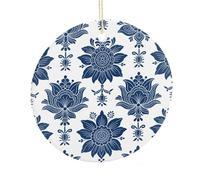 LZQPOEAS Navy Ethnic Floral Round Ceramic Pendant Hanging Festival Ornament, Personalized Double Sided Ceramic Home Decor, Lightweight Durable Hanging Ornament Gift for Home, Party, Women Men