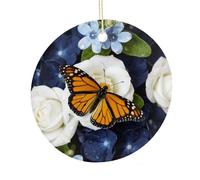 LZQPOEAS Navy Floral Flowers Round Ceramic Pendant Hanging Festival Ornament, Personalized Double Sided Ceramic Home Decor, Lightweight Durable Hanging Ornament Gift for Home, Party, Women Men