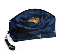 LZQPOEAS Navy Rose Makeup Bag Large Capacity Travel Cosmetic Bag for Women, Waterproof PU Leather, Flat Open Portable Toiletry Bag for Skincare Travel Essentials