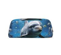 LZQPOEAS Ocean Dolphin Looking at You Pencil Case Leather Pen Bag Travel Makeup Bag Zipper Organizer Bag for Women Men