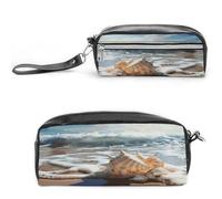 LZQPOEAS Ocean Sea Wave Seashell Pen Case Cosmetic Makeup Bag PU Leather Cosmetic Pencil Bags Small Soft Makeup Pouch with Zipper Waterproof Makeup Brush Holder for Women Men Office