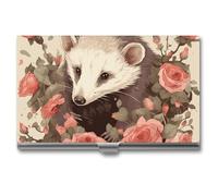 LZQPOEAS Opossum And Roses Business Card Holder, Personalized Metal Name Card Case, Portable Pocket Card Organizer with Buckle Closure, Professional Business Card Container for Office