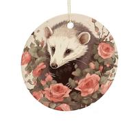LZQPOEAS Opossum And Roses Round Ceramic Pendant Hanging Festival Ornament, Personalized Double Sided Ceramic Home Decor, Lightweight Durable Hanging Ornament Gift for Home, Party, Women Men