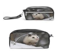 LZQPOEAS Opossum In Snow Pen Case Cosmetic Makeup Bag PU Leather Cosmetic Pencil Bags Small Soft Makeup Pouch with Zipper Waterproof Makeup Brush Holder for Women Men Office