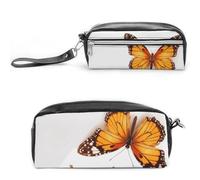 LZQPOEAS Orange Butterfly Pen Case Cosmetic Makeup Bag PU Leather Cosmetic Pencil Bags Small Soft Makeup Pouch with Zipper Waterproof Makeup Brush Holder for Women Men Office