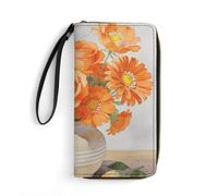 LZQPOEAS Orange Floral Clutch Wallet, Small Exquisite PU Leather Long Purse Gift for Friends, Zipper Coin Pocket with Patterns, Wristlet Bag for Daily Use