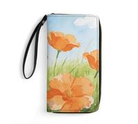 LZQPOEAS Orange Flowers Clutch Wallet, Small Exquisite PU Leather Long Purse Gift for Friends, Zipper Coin Pocket with Patterns, Wristlet Bag for Daily Use