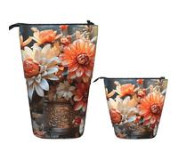 LZQPOEAS Orange Flowers Pencil Case Telescopic Pen Pouch Standing Pencil Bag Pop Up Pencil Holder With Zipper Travel Coin Pouch Purse Portable Makeup Bag for Office Holiday Gift