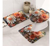 LZQPOEAS Orange Flowers Print Bathroom Rug Set 3 Piece Includes Non Slip Bath Mat, Contour Mat and Toilet Lid Cover Ultra Soft Microfiber Bathroom Floor Mats Set