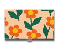 LZQPOEAS Orange Small Floral Patterns Business Card Holder, Personalized Metal Name Card Case, Portable Pocket Card Organizer with Buckle Closure, Professional Business Card Container for Office