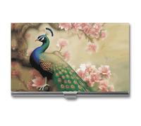 LZQPOEAS Oriental Peacock on Flower Tree Business Card Holder, Personalized Metal Name Card Case, Portable Pocket Card Organizer with Buckle Closure, Professional Business Card Container for Office