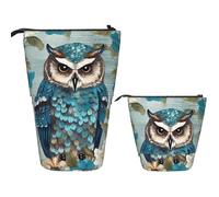 LZQPOEAS Owl Spring Flowers Turquoise Pencil Case Telescopic Pen Pouch Standing Pencil Bag Pop Up Pencil Holder With Zipper Travel Coin Pouch Purse Portable Makeup Bag for Office Holiday Gift