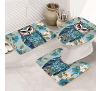 LZQPOEAS Owl Spring Flowers Turquoise Print Bathroom Rug Set 3 Piece Includes Non Slip Bath Mat, Contour Mat and Toilet Lid Cover Ultra Soft Microfiber Bathroom Floor Mats Set